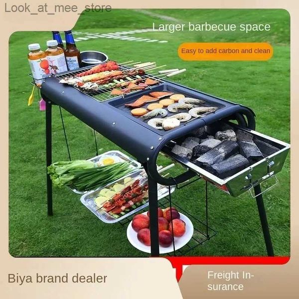 BBQ Grills Homepage Camping Tragbare Klappinstallation Einfacher Holzkohlegrill Verdickter Edelstahl-Grillständer Tragbarer Grillständer Q240305