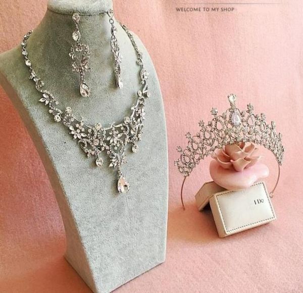 Romântico brilhante frisado strass nupcial tiara colar brinco conjuntos de jóias pérolas acessórios de casamento para festa de casamento à noite8148034