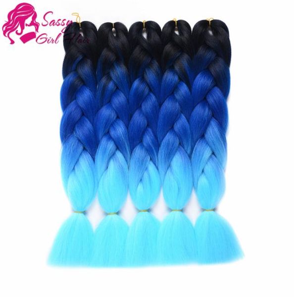 Ombre Estensioni dei capelli intrecciati sintetici Capelli Kanekalon Intrecciare i capelli Trecce all'uncinetto 5 pezzi 100GPc 24 pollici NeroRogalblueSky Blu9227959