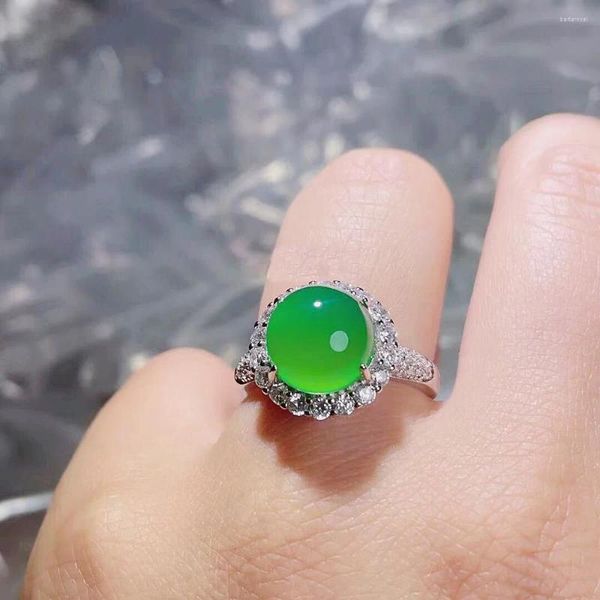 Cluster Ringe 925 Silber Ring Frau Natürliche Grüne Jade Eingelegten Zirkon Runde Hochzeit Hohe Qualität Edlen Schmuck Geschenk Weibliche