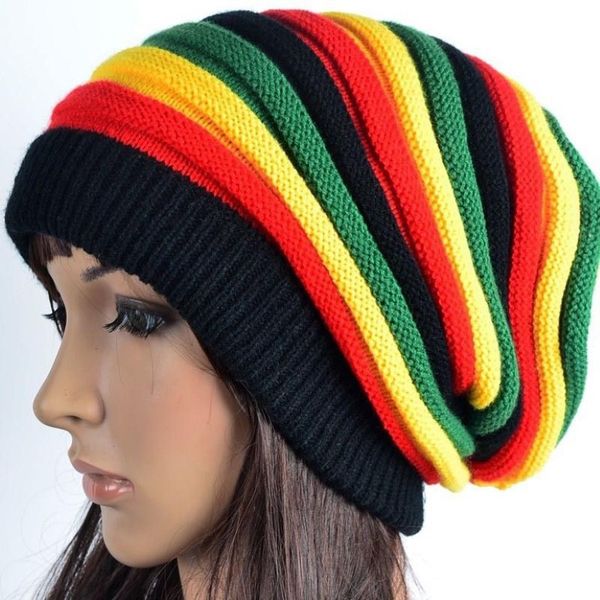 Moda unissex elástico reggae malha gorro crânio chapéu arco-íris listrado bonnet chapéus slouchy primavera gorro bonés para homem e mulher250i