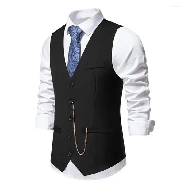 Gilet da uomo Gilet da uomo Tinta unita Elegante gilet con scollo a V con dettaglio catena per la festa nuziale Slim Fit Primavera