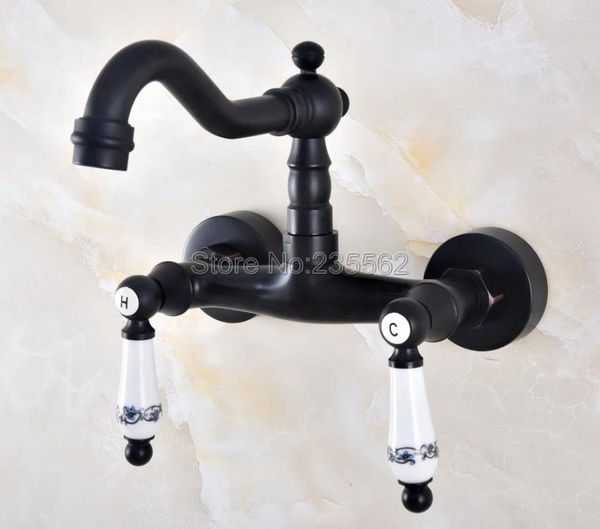 Rubinetti per lavandino del bagno Rubinetto per lavabo classico in bronzo lucidato a olio nero Miscelatore per lavabo con bocca girevole a 360° Montaggio a parete Lnf828