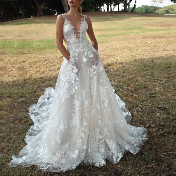 Kleid Hochzeitskleid 2021 ärmellose Applikationen Damen elegante Spitze Maxikleid Sexy tiefer V-Ausschnitt Sling Braut Hochzeit Abendkleider