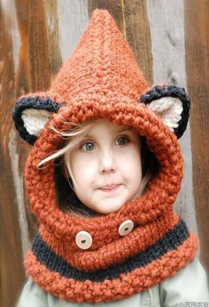 Berretto invernale per bambini Bambino Animale Caldo Cappello di volpe Sciarpa con cappuccio Berretti in maglia di lana con paraorecchie8597686