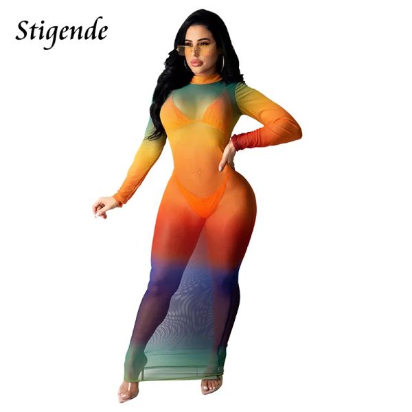 Abito Stigende Abito lungo sexy trasparente in rete Abito lungo da donna con stampa di moda Abito da festa notturno Abbigliamento da club Abito maxi colore sfumato trasparente