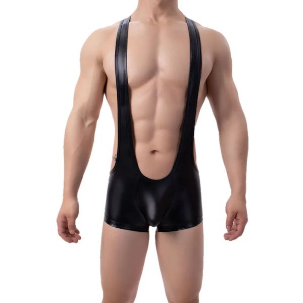 Roupa de banho dos homens maiô de uma peça moda sexy bodysuit sem mangas alta corte wetlook falso couro estiramento collant unitard maiô