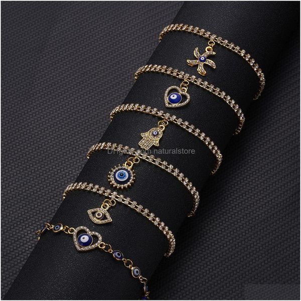 Charm Armbänder Neue Blaue Evil Eye Armbänder Für Frauen Hand Herz Seestern Charme Kristall Tennis Kette Bange Weibliche Mode Party juwel Dhqvv