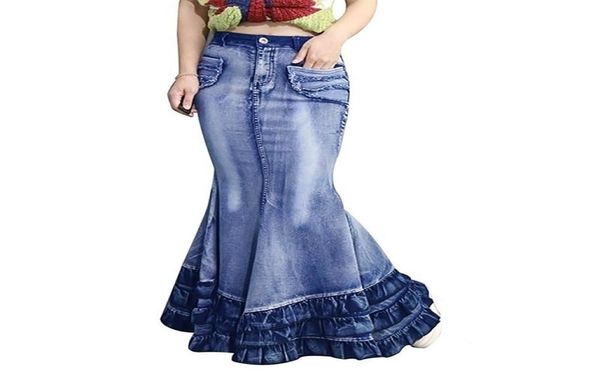 Vintage Big Fish Tail Denim Damenrock, kein dehnbarer, bodenlanger Maxi-Langrock, Meerjungfrau, Trompete, Empire-Jeans mit hoher Taille, J9D792, T21248809