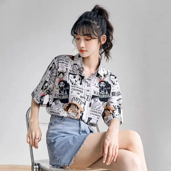 Hemd Damen Strandhemd Schickes lässiges Kurzarm-T-Shirt für Mädchen Süße Kleidung Einteiliges Anime-Muster Sommeroberteil Koreanische Mode