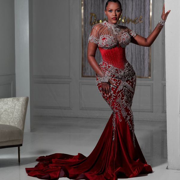 2024 Luxus Aso Ebi Ballkleider Meerjungfrau High Neck Long Sleeves Abendkleider Illusion Strass Kristalle Zweite Empfangskleider für schwarze Frauen Mädchen NL617