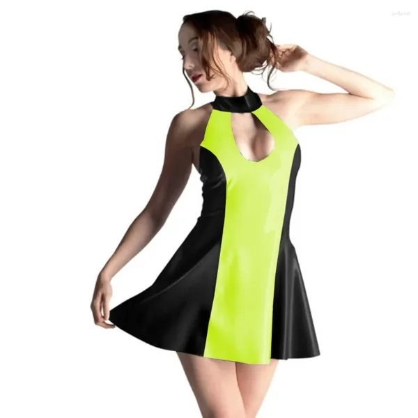 Lässige Kleider Sexy Neckholder Damen glänzendes Lackleder A-Linie Minikleid Nachtclub rückenfrei Patchwork Bodycon Fetisch Wet Look Clubwear