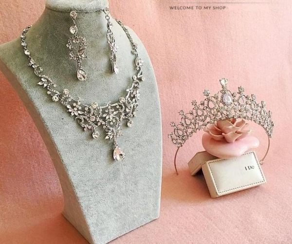 Romântico brilhante frisado strass nupcial tiara colar brinco conjuntos de jóias pérolas acessórios de casamento para festa de noite de casamento 2613472