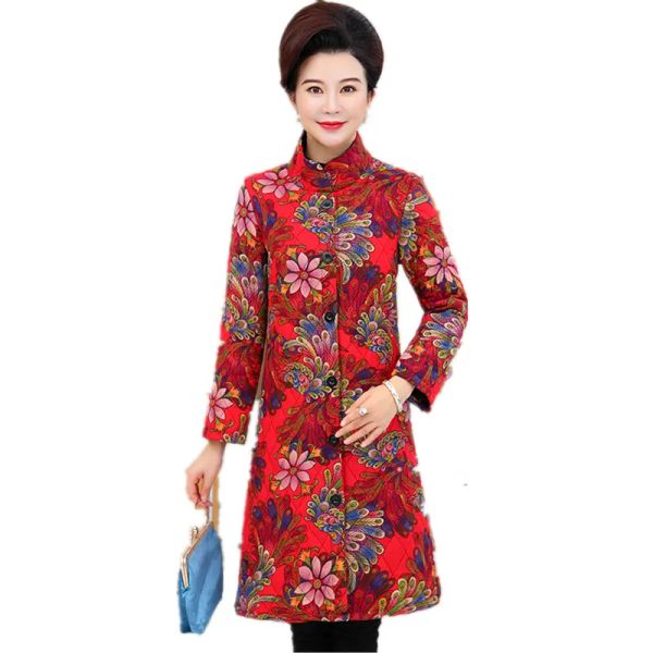 Parkas nova jaqueta de inverno feminina engrossar único breasted quente casaco de inverno impressão floral algodão estilo chinês vintage outwear
