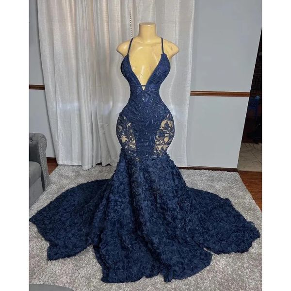 Sexy marineblaue Meerjungfrau-Abschlussballkleider für schwarze Mädchen, Applikationen, Spitze, Rose unten, durchsichtiges Netz, formelles Abend-Partykleid, Roben de Bal