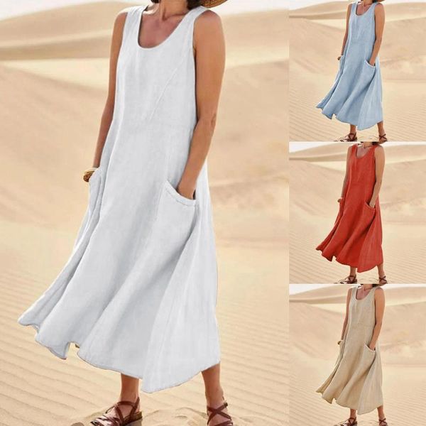 Vestidos casuais 2024 verão mulheres sem mangas sundress elegante em torno do pescoço algodão linho sólido longo tanque vestido vintage bolsos praia vestidos