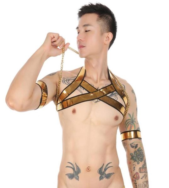 Bras setleri vücut kayışı erkekler altın koşum zincirleri seksi esaret göğüs fetiş yüksek elastik iç çamaşırı hombre içi boş kostüm