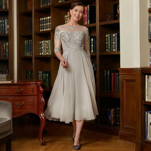 Abiti da cerimonia per la madre della sposa vintage a trapezio con scollo a barchetta e collo trasparente in chiffon argento eleganti abiti da donna per gli ospiti di nozze sposo mamma abiti da sera formali per feste