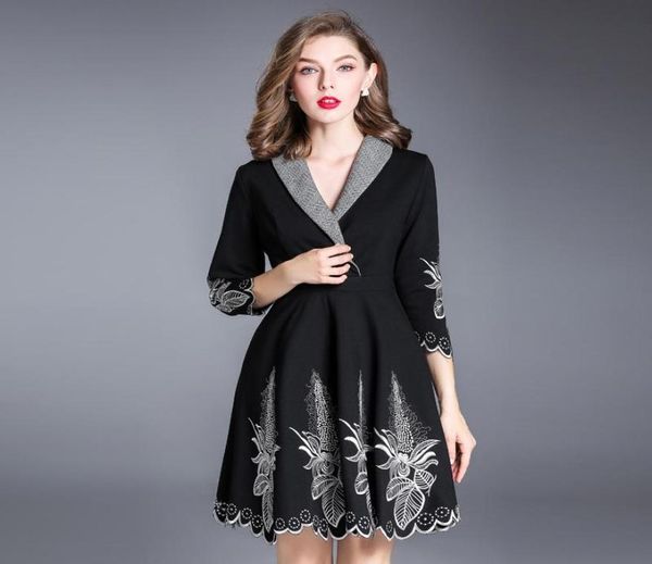 Casual Kleider Kleid Stickerei Retro Luxus Frühling Herbst Vintage Party Plus Größe XXXL Frauen Kleidung Winter Schlank Schwarz6546887