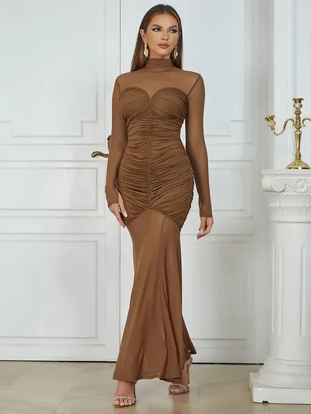 Lässige Kleider Sexy hellbraunes Mesh-Patchwork durchsichtiges, figurbetontes Maxikleid für Frauen, elegantes, langärmliges, gerafftes Strickabend-Partykleid