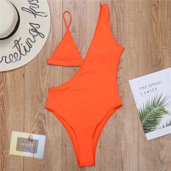 Roupa de banho feminina neon laranja assimétrico push up acolchoado um pedaço maiô um ombro corte alto monokini trikini