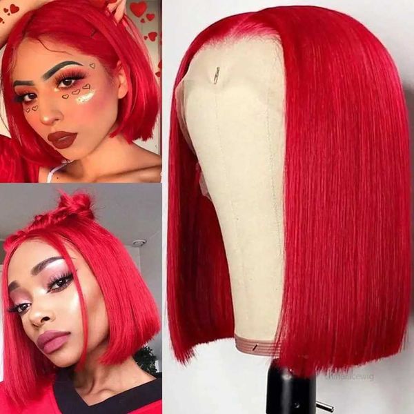 Saç perukları kırmızı dantel ön insan saç perukları kadınlar için şeffaf dantel düz kısa peruklar sıcak kırmızı bob peruk brezilya remy saç ön 240306