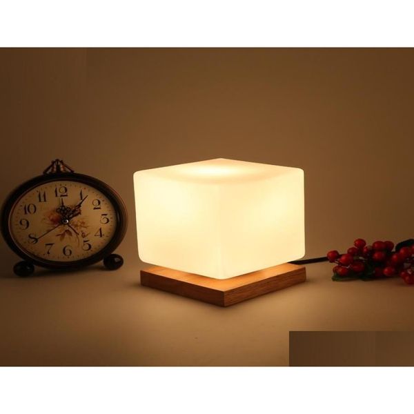 Lâmpadas de mesa Moderna Simples Madeira Real LED Lâmpada de Mesa Estudo Escritório Leitura Luz Cubo Açúcar Mesa Ajustável para Quarto Cabeceira Dro Dh9XF