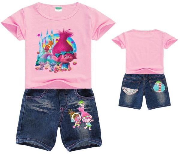 Trolls meninas conjunto de roupas verão algodão conjuntos para meninas camiseta jeans da criança meninas roupas terno crianças roupas y20081335722