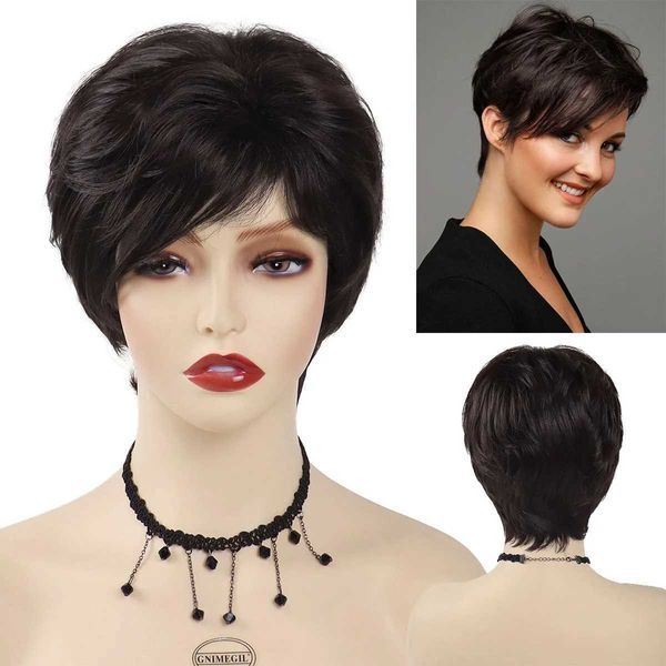 Perucas de cabelo sintético pixie corte peruca com franja preto ou marrom curto mulher natural ondulado para mulheres diariamente resistente ao calor 240306