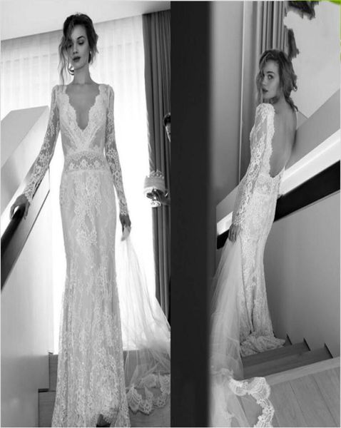 Abiti da sposa sexy in pizzo a maniche lunghe Lihi Hod Abiti da sposa guaina con scollo a V profondo Abito da sposa aderente senza schienale Custom Made Vint9455565