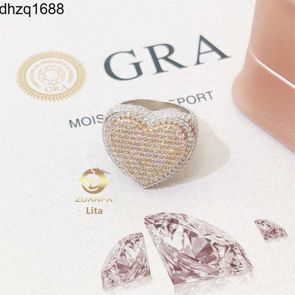 Novo design dois tons de ouro rosa 925 prata esterlina coração gelado vvs moissanite diamante masculino ouro hip hop anel