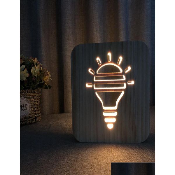 Luci notturne Creative Wood Bb Luci notturne Lampada da tavolo a led Lampada da comodino scavata Lampada 3D intaglio solido bianco caldo1661645 Drop Deliv Dhvc5