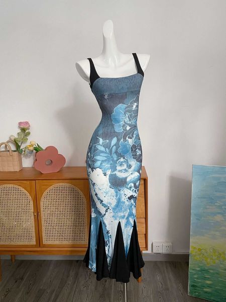 Базовые повседневные платья Cat Go Retro, новое китайское платье с принтом и регулируемым запахом, платье с рыбьим хвостом на бретельках