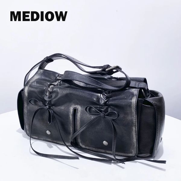 MEDIOW Moto Biker-Taschen für Damen, luxuriöse Designer-Handtasche aus PU-Leder im Distressed-Look, mehrere Taschen, Schleife an der Schulter, 240229