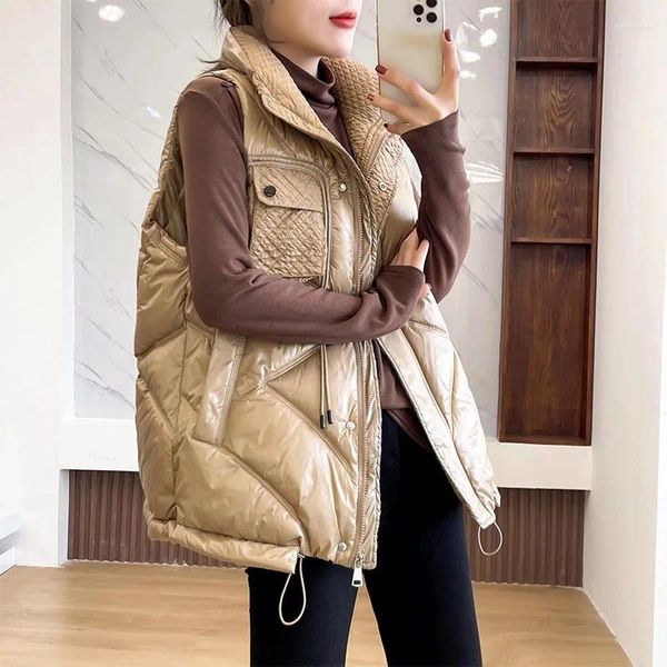 Gilet da donna Colletto rialzato Gilet corto in cotone ispessito Autunno e inverno Versione coreana Piumino allentato casual lucido