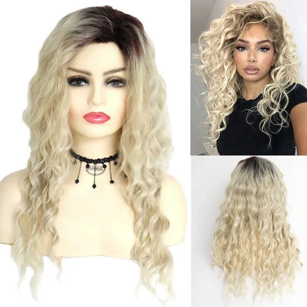 Perucas de cabelo longo encaracolado perucas para mulheres sintéticas ombre loira peruca com franja traje peruca para meninas sexy perucas loiras com raízes escuras 240306