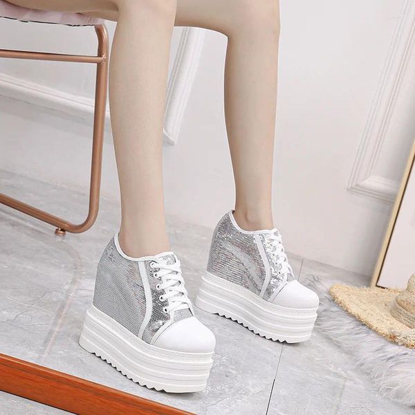 Scarpe eleganti Autunno Bianco Tacco nascosto con zeppa Casual Donna Bling Piattaforma Ascensore 13,5 cm Tacchi alti Scarpe da ginnastica da passeggio Donna