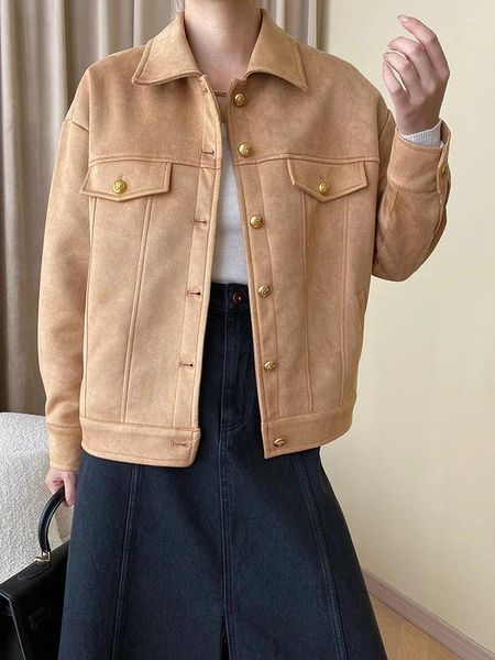 Damenjacken Khaki Große Größe Gestreiftes Wildleder Kurze Vintage Jacke Revers Langarm Frauen Mantel Mode Flut Frühling Herbst O682