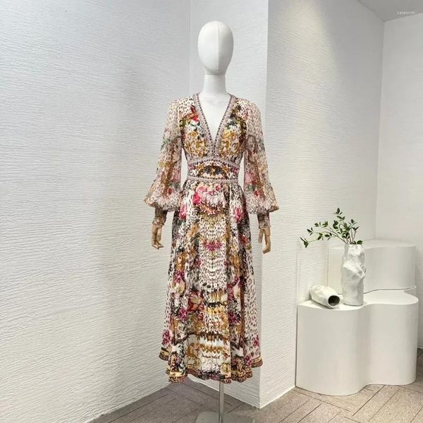 Vestidos casuais 2024 chegada de alta qualidade elástica alta cintura floral impressão manga longa seda primavera verão midi vestido para mulheres