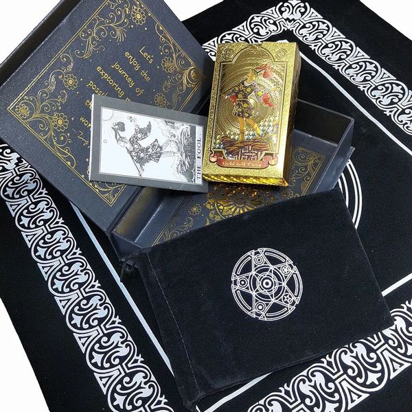 Tarot-Karten-Kunststoff-Gold-Geschenkbox-Set, luxuriöse Goldfolienprägung, PVC, wasserdicht, verschleißfest, Brettspiel, Karte, Wahrsagerei 240223