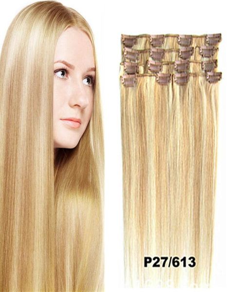 DHL Silky Straight Indian Remy Clip-in-Echthaarverlängerungen in der Farbe Schwarz, Braun, Blond. Schnelle Lieferung7471410