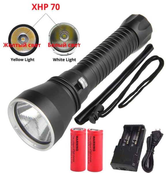 XHP70 LED Gelb-Weißes Licht 8000 Lumen Tauchtaschenlampe Zum Tauchen Taktische 26650 Taschenlampe Unterwasser 200M Wasserdicht3464978