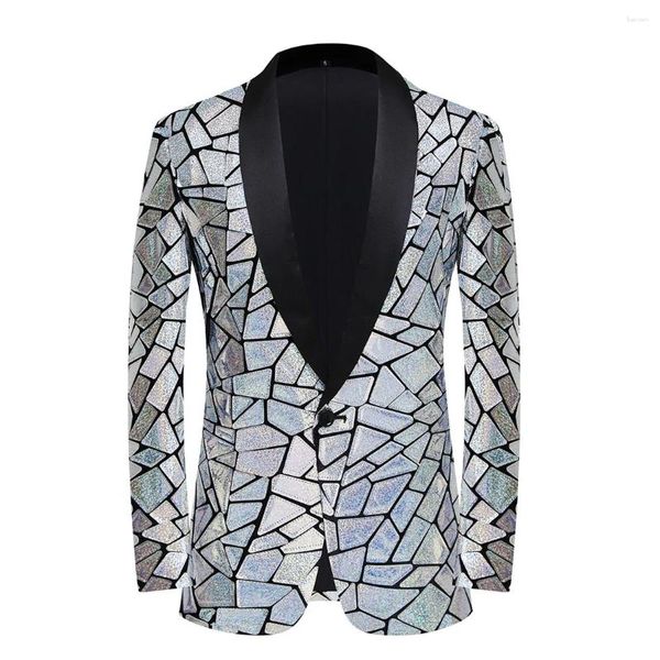 Abiti da uomo Argento lucido Paillettes Giacca da uomo Giacca da uomo Moda Collo a scialle One Button Tuxedo Blazer Abiti da palcoscenico per cantanti