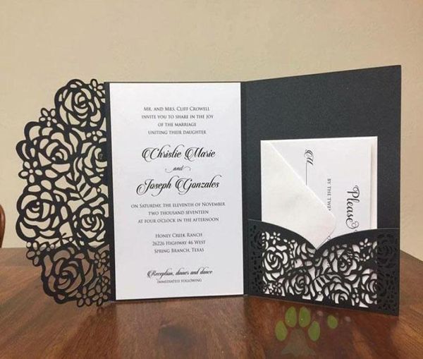 2018 Erschwingliche Hochzeitseinladungen, lasergeschnittene Taschen-Hochzeitseinladungs-Suiten, anpassbare Einladungen mit Umschlag, leere Innenseite, individuell, P4232394