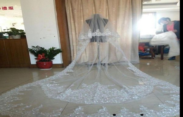 Lüks Gerçek Görüntü Gelin Gelin Peçe Düğün Peçe Üç metre uzunluğunda Dantel Parlayan Aplike Pekin Kristalleri İki Kat 7251507