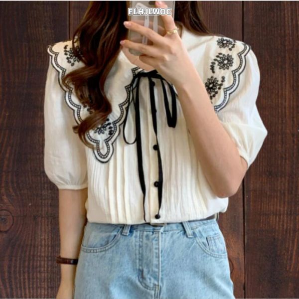 Camisa quente coreia do sul bonito doce bordado topos laço feminino flhjlwoc estilo preppy data meninas vintage preto branco camisas blusas