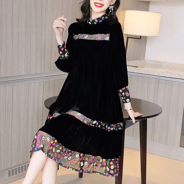 Платье ZUOMAN 2023 Элегантное винтажное черное бархатное платье миди с цветочным принтом Осень-зима Лоскутное платье 4XL размера плюс Женское облегающее вечернее платье V