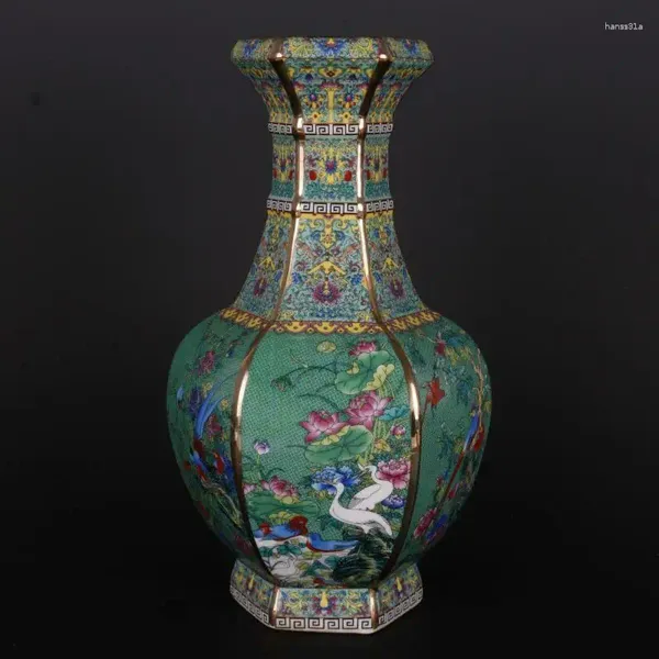 Бутылки Китайские Цветные Эмали Фарфор Позолота Птица Лотоса Шестигранная Дизайнерская Ваза 10 Дюймов
