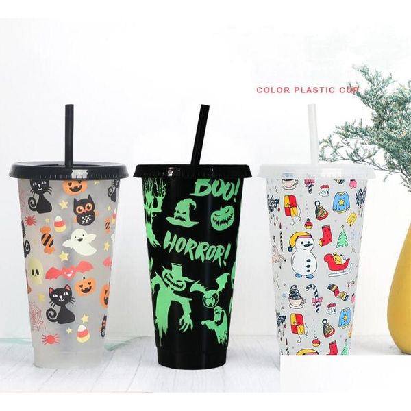 Canecas 24oz / 710ml Natal Halloween Color-Changing Cups Cold-Changing Drink Tumbler com St Fruit Tea Pp Temperatura-Sensitive Plast Dhsyg