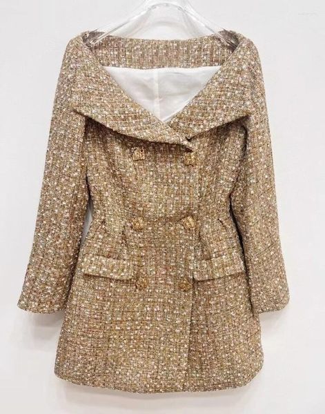 Abiti casual 2024 Autunno/Inverno con spalle scoperte Mini abito da donna in tweed spesso Retro dorato elegante vita sottile manica lunga da donna corta